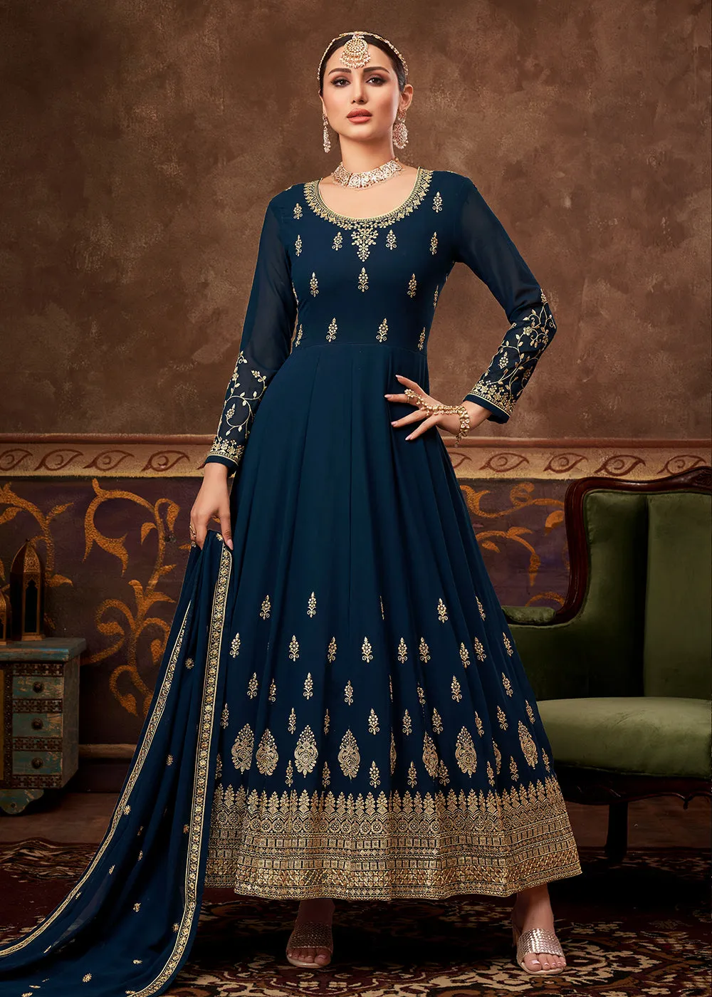 Eid Special Prussian Blue Georgette Designer Anarkali Suit