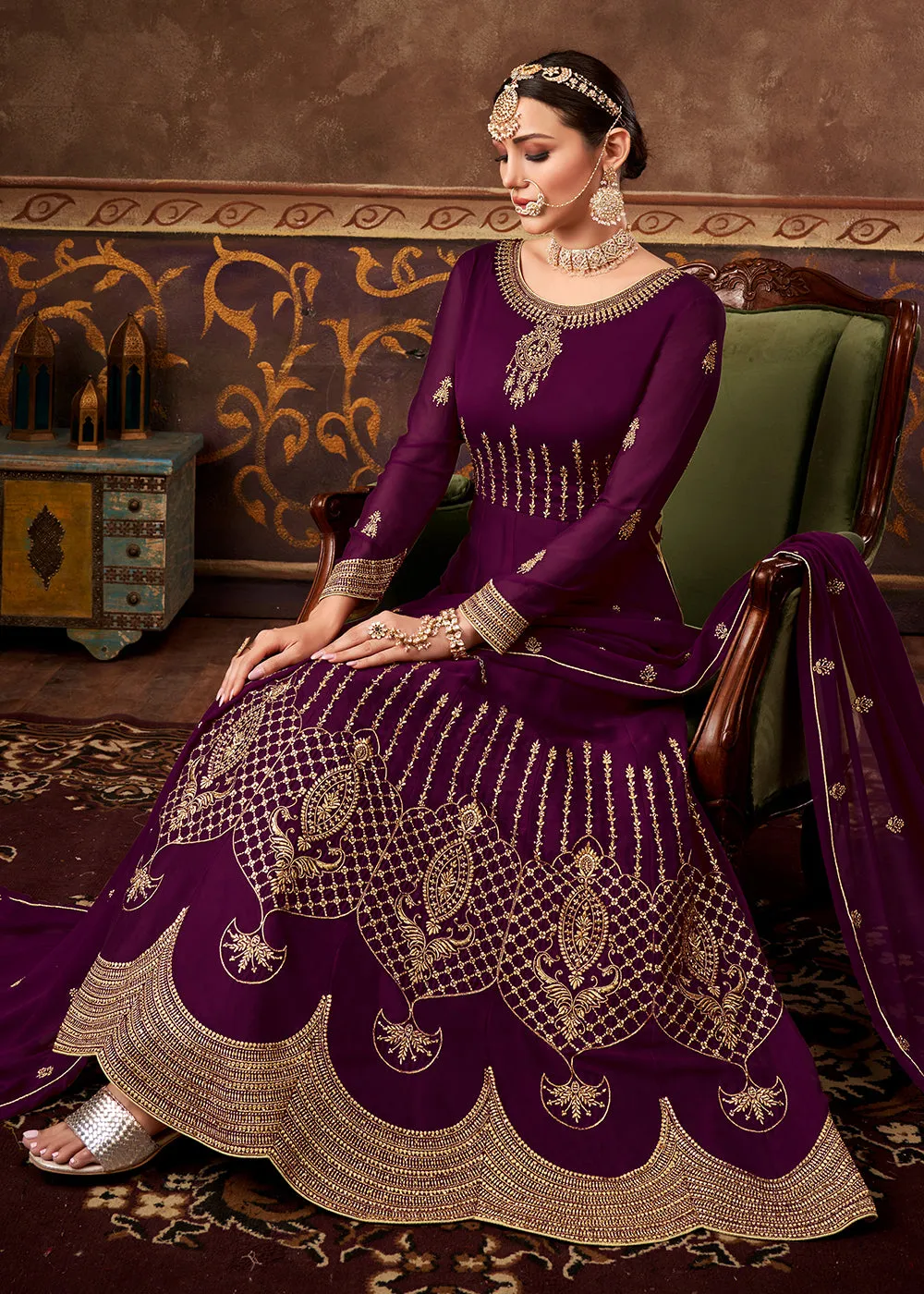 Eid Special Wine Purple Georgette Designer Anarkali Suit