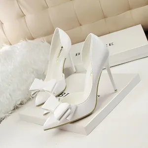 Elegant Bowknot Stilettos - Fashion Pointed-Toe Pumps with Cut-Out Side Design, Decorative Heel, and Slip-Resistant Soles for Women