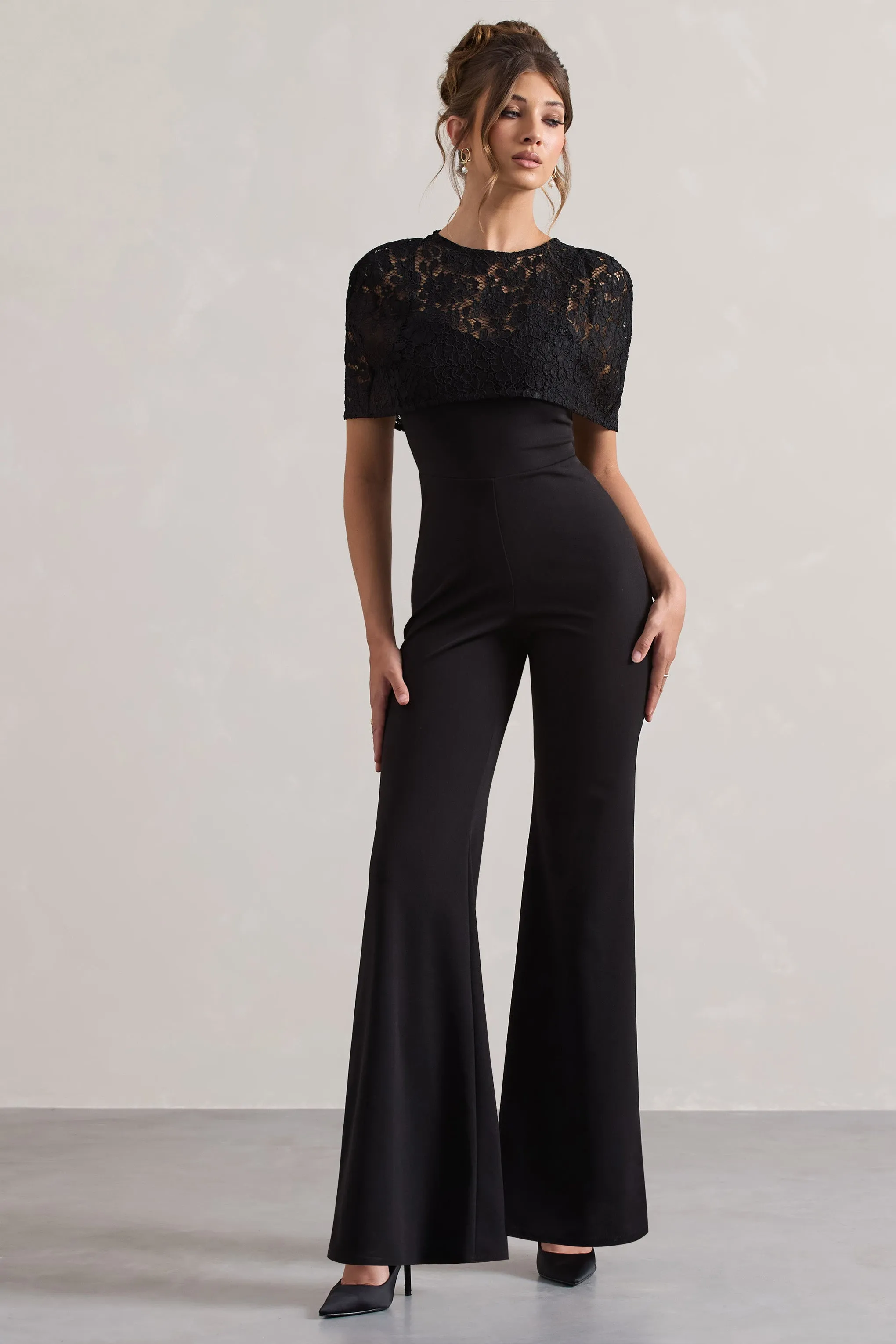 Endless | Black Flared-Leg Jumpsuit With Lace Overlay