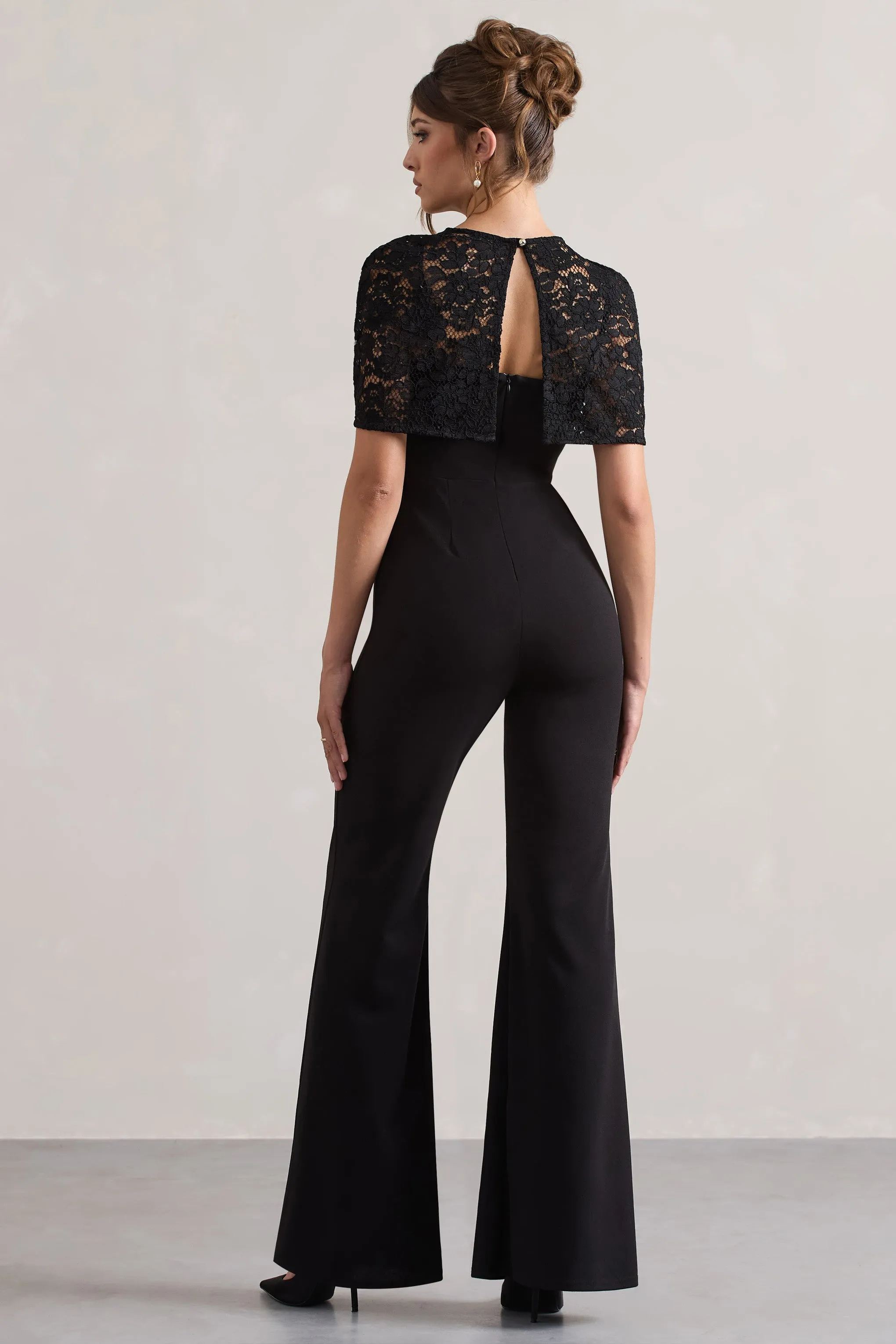 Endless | Black Flared-Leg Jumpsuit With Lace Overlay