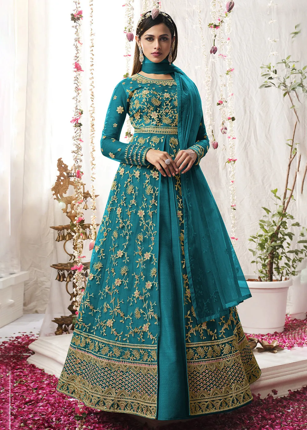 Engaging Cyan Blue Wedding Festive Floor Length Anarkali Suit