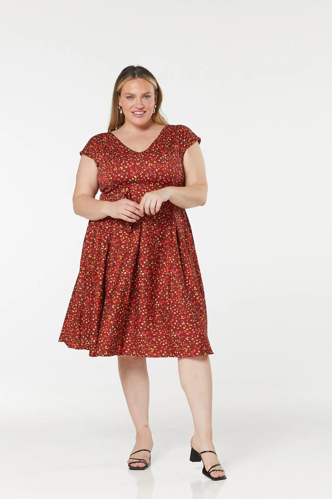 Esh V Neck, Midi Floral Fit&Flare Dress in Cotton Sateen