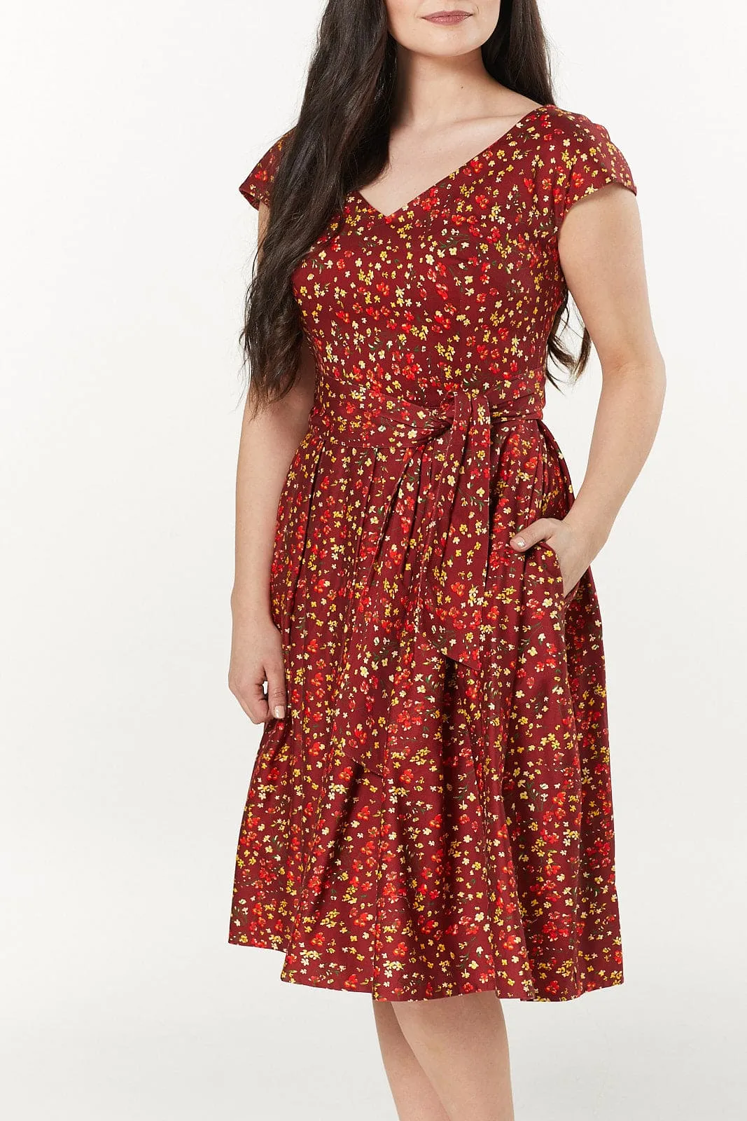 Esh V Neck, Midi Floral Fit&Flare Dress in Cotton Sateen