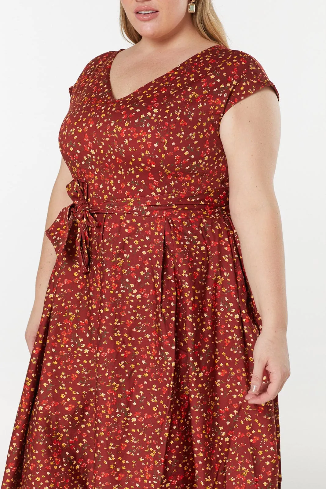 Esh V Neck, Midi Floral Fit&Flare Dress in Cotton Sateen