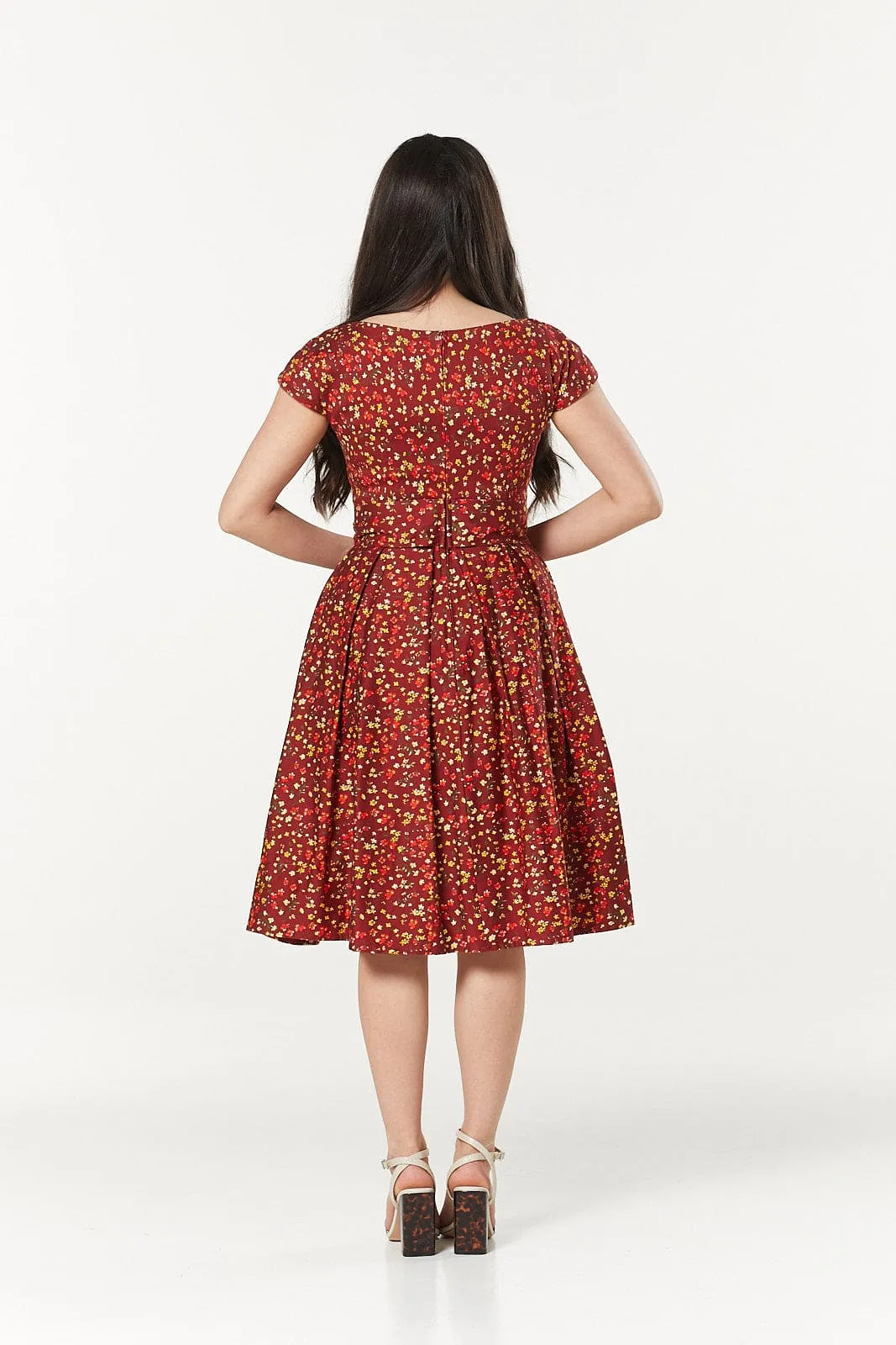 Esh V Neck, Midi Floral Fit&Flare Dress in Cotton Sateen