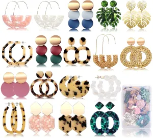 FIFATA 18 Pairs Statement Rattan Earrings for Women Girls Fun Acrylic Hoop Drop Dangle Earrings Fashion Resin Jewelry Set Hypoallergenic for Sensitive Ears