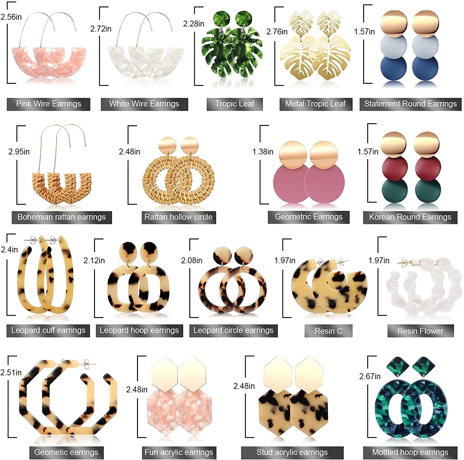 FIFATA 18 Pairs Statement Rattan Earrings for Women Girls Fun Acrylic Hoop Drop Dangle Earrings Fashion Resin Jewelry Set Hypoallergenic for Sensitive Ears