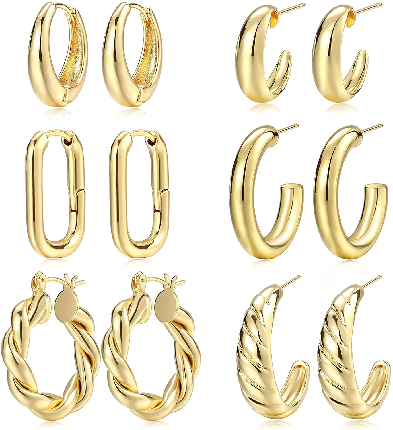 Gold Chunky Hoop Earrings Set for Women, 14K Gold Plated Lightweight Hypoallergenic Thick Open Hoops Set for Gift