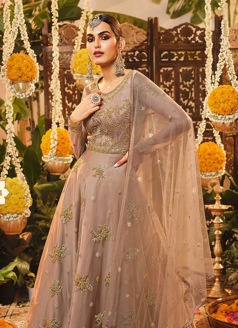 Golden Beige Embroidered Wedding Anarkali Suit