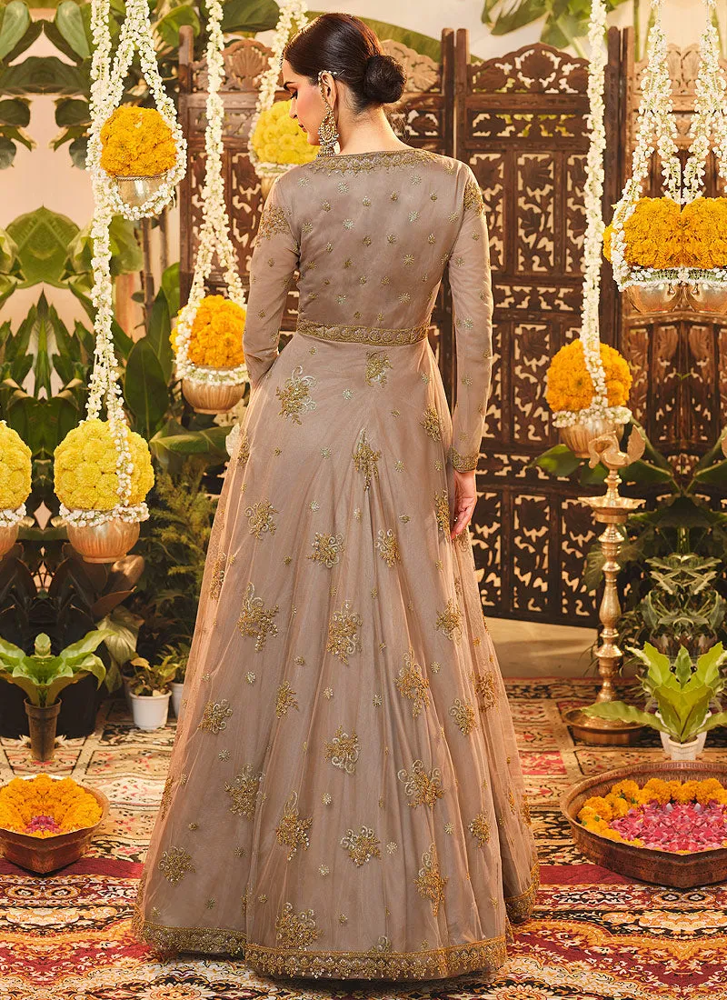 Golden Beige Embroidered Wedding Anarkali Suit