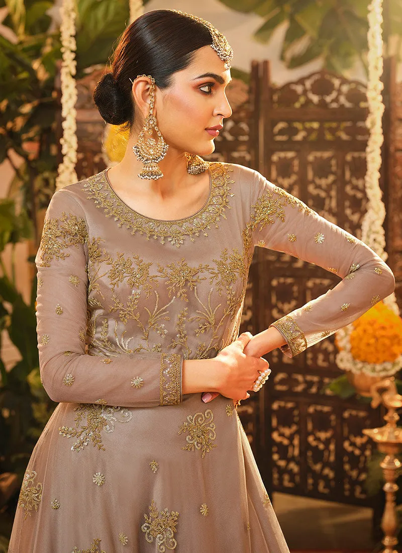 Golden Beige Embroidered Wedding Anarkali Suit