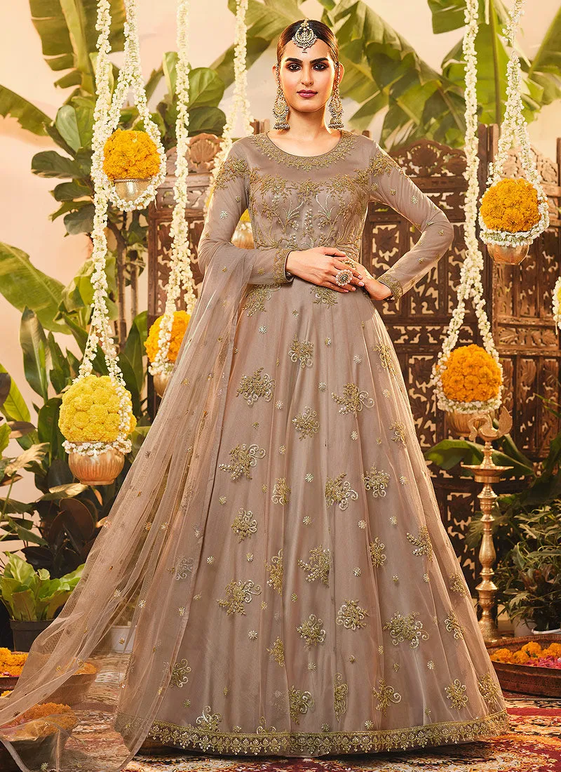 Golden Beige Embroidered Wedding Anarkali Suit