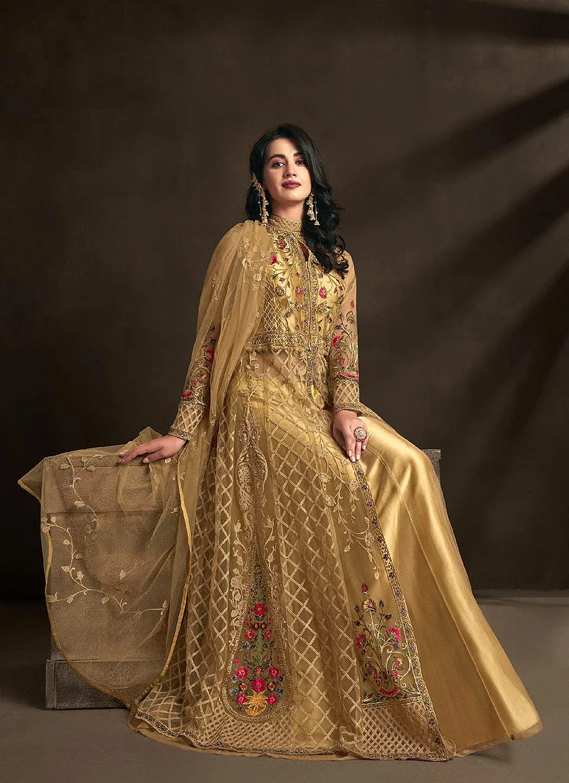 Golden Multi Embroidered Anarkali Lehenga Suit