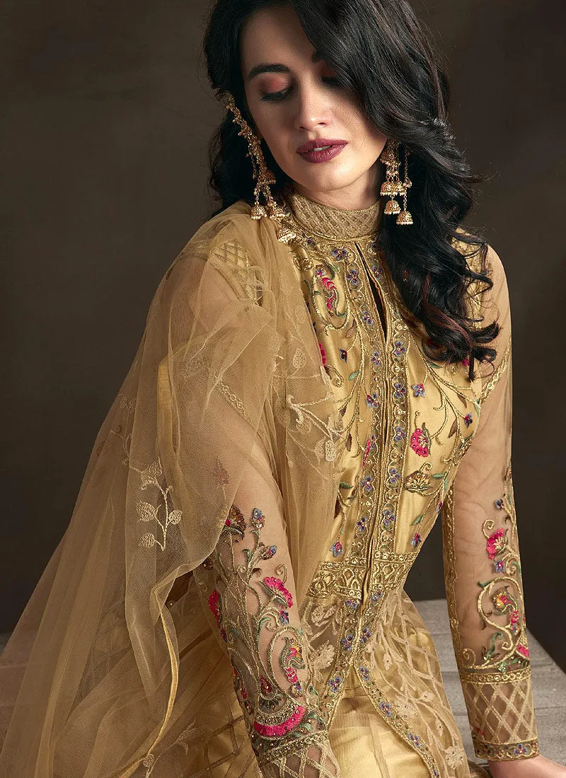 Golden Multi Embroidered Anarkali Lehenga Suit