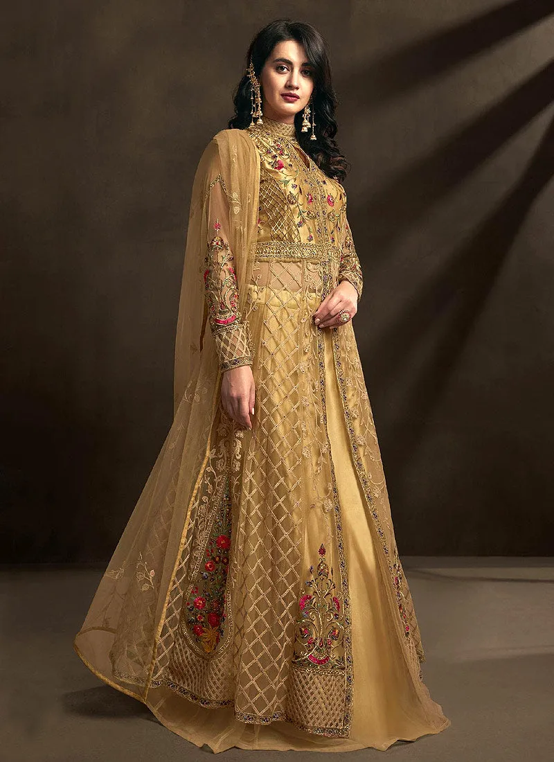 Golden Multi Embroidered Anarkali Lehenga Suit