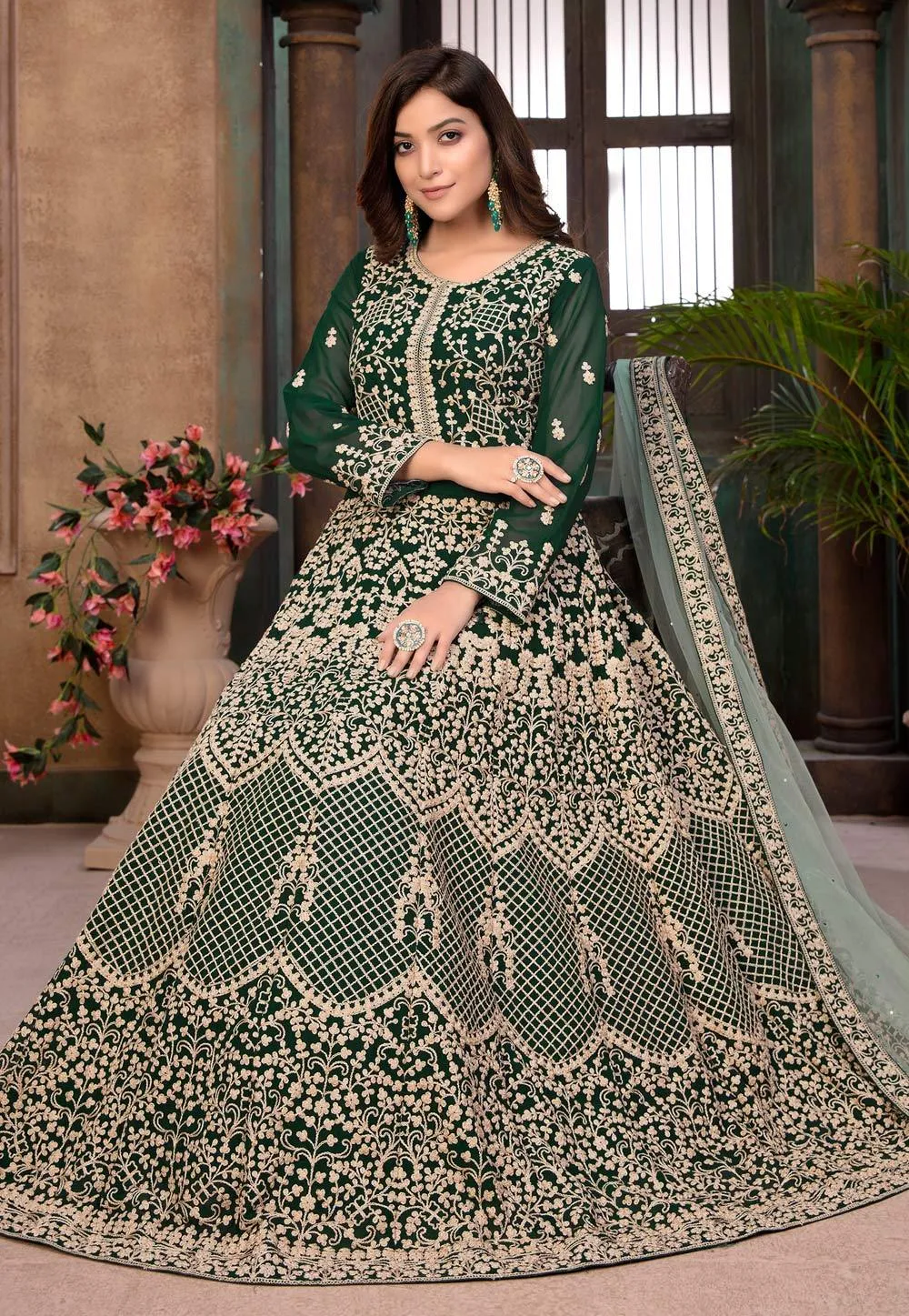 Green Faux Georgette Floor Length Anarkali Suit