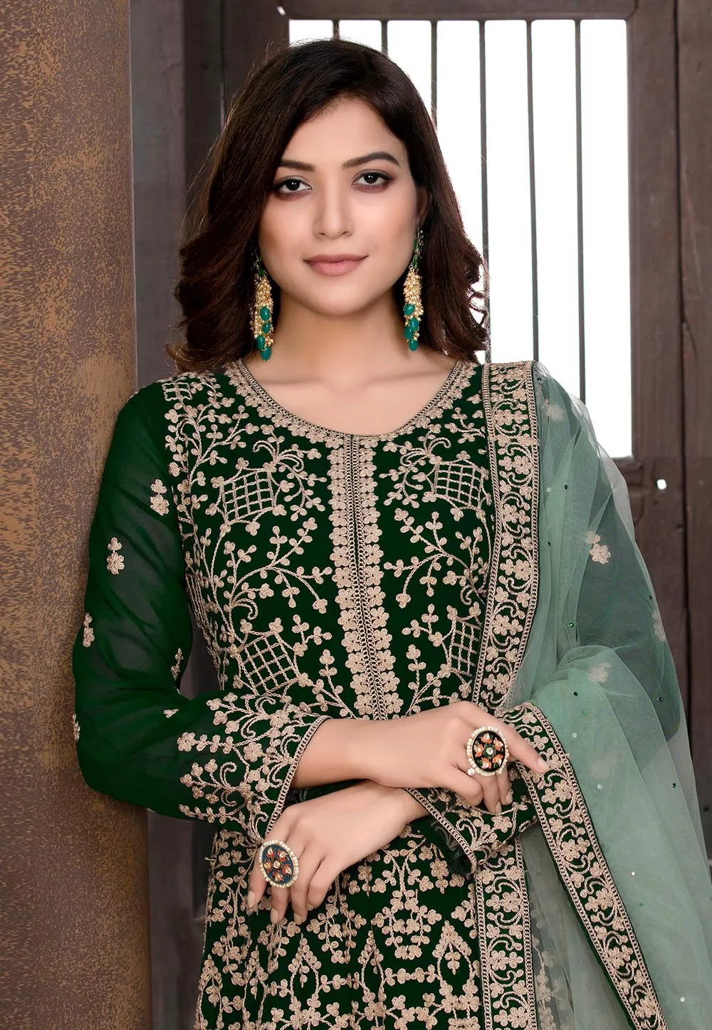 Green Faux Georgette Floor Length Anarkali Suit