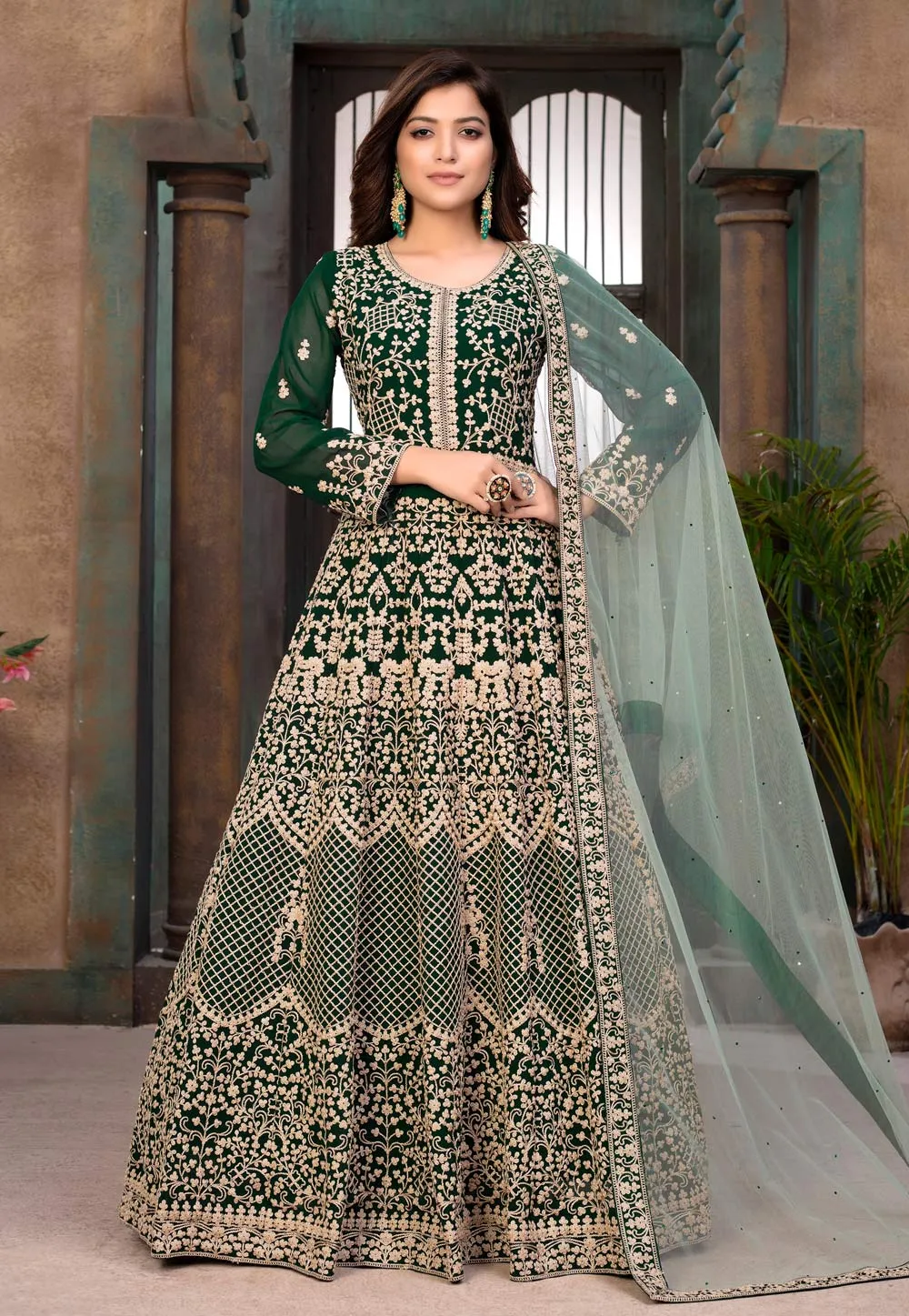 Green Faux Georgette Floor Length Anarkali Suit