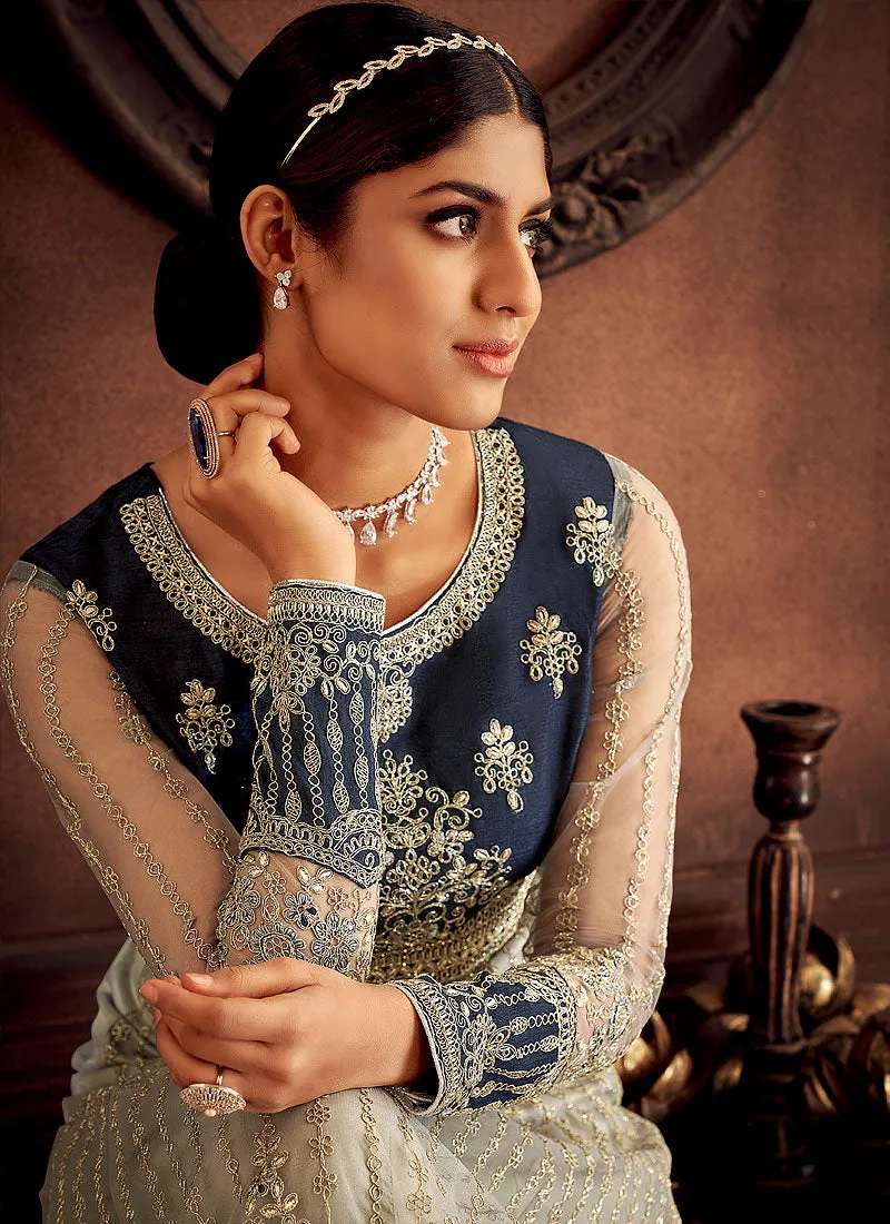 Grey And Blue Zari Embroidered Wedding Anarkali Suit