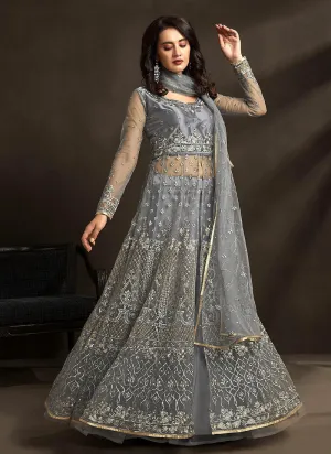 Grey Golden Embroidered Anarkali Lehenga Suit