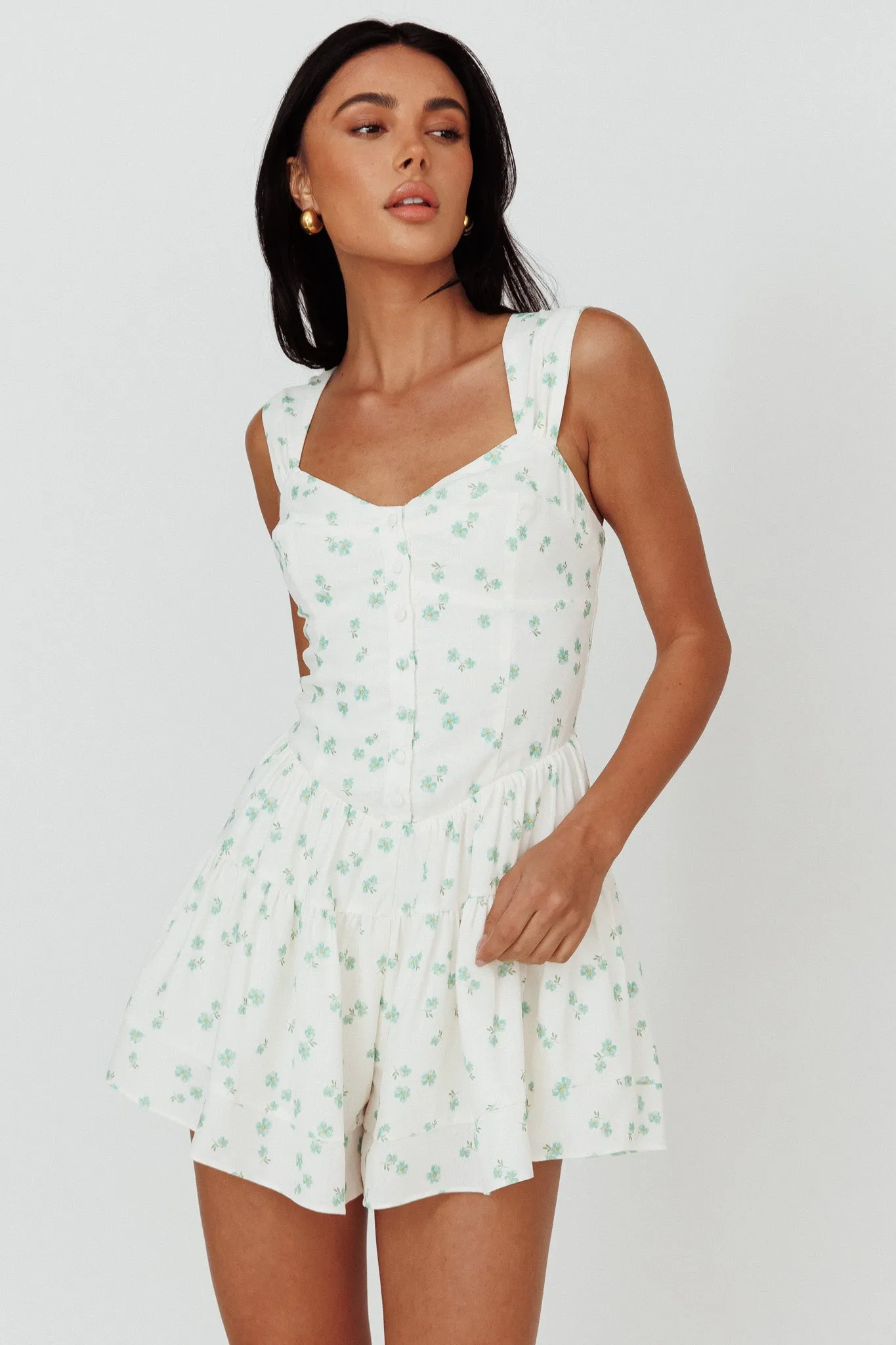 Hiding Place Button Romper Dainty Floral Sage