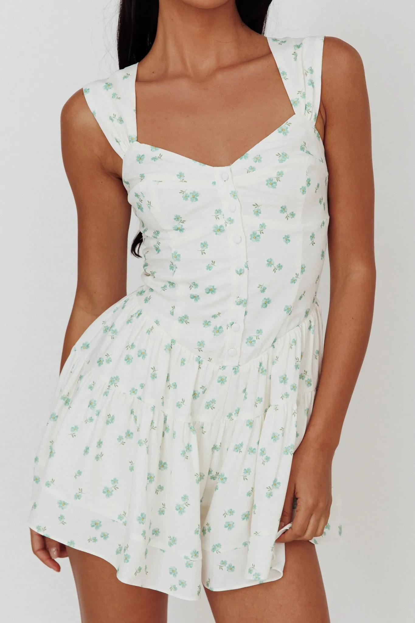 Hiding Place Button Romper Dainty Floral Sage