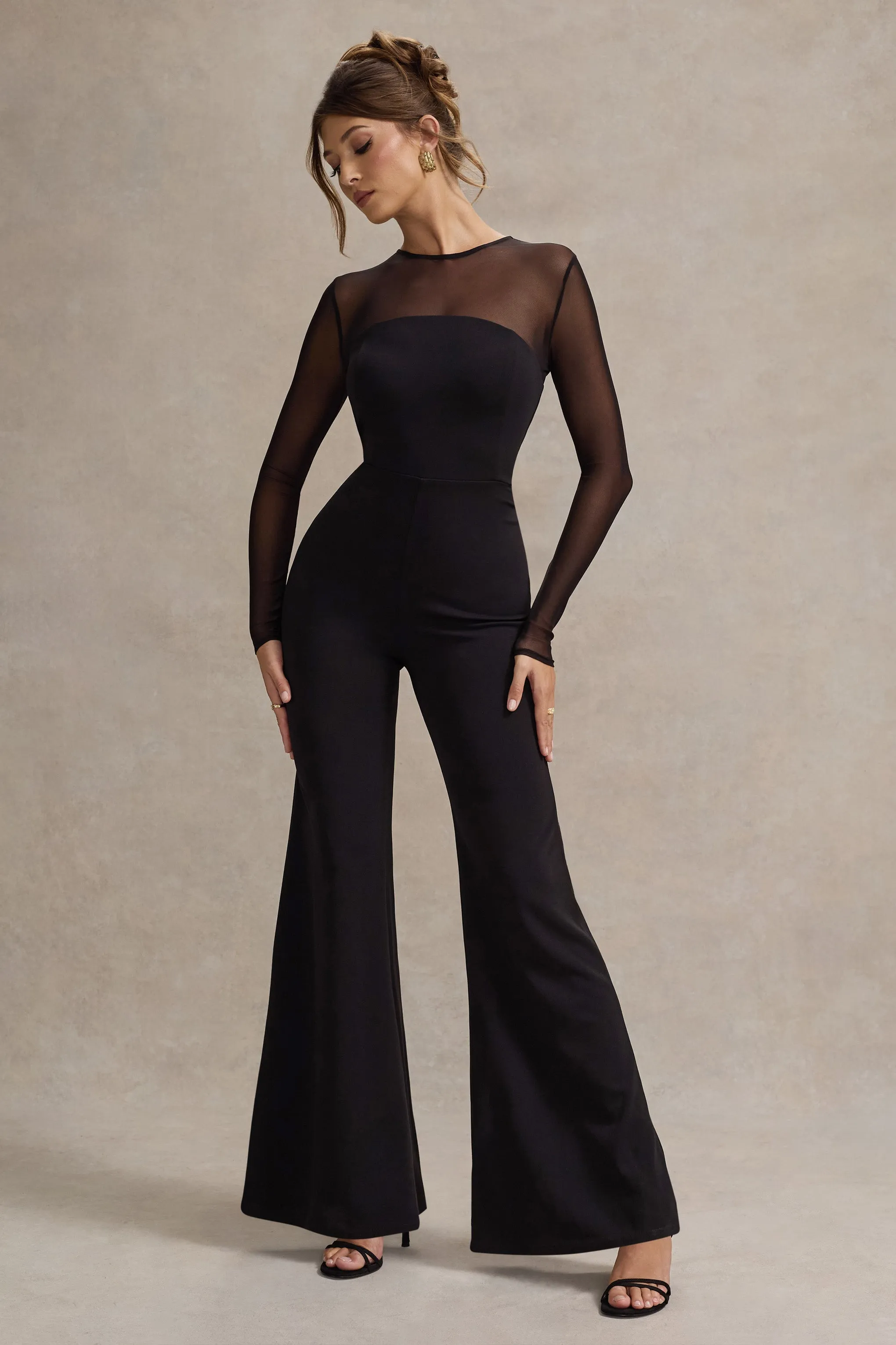 Iggy | Black Flared-Leg Jumpsuit With Mesh Sleeves