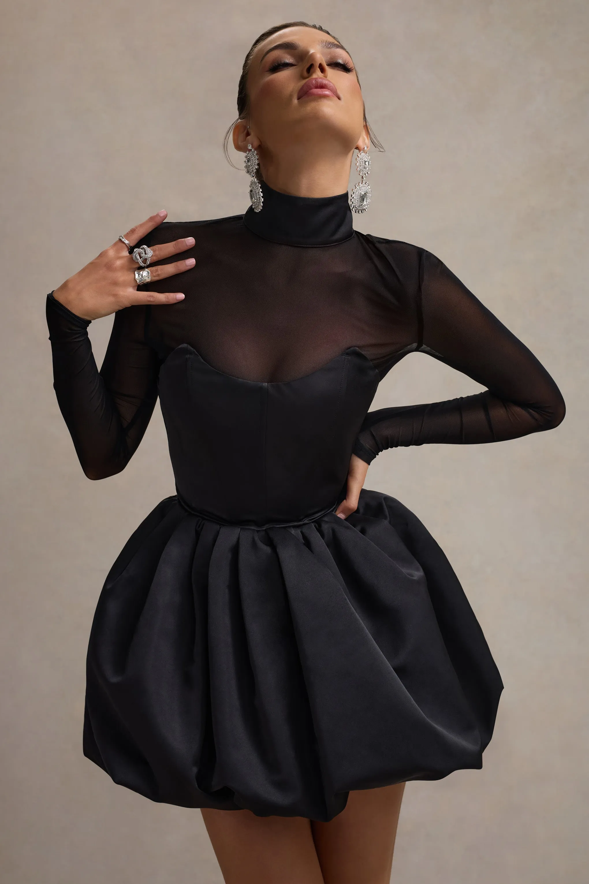 Jupiter | Black Satin High-Neck Mini Dress With Sheer Sleeves