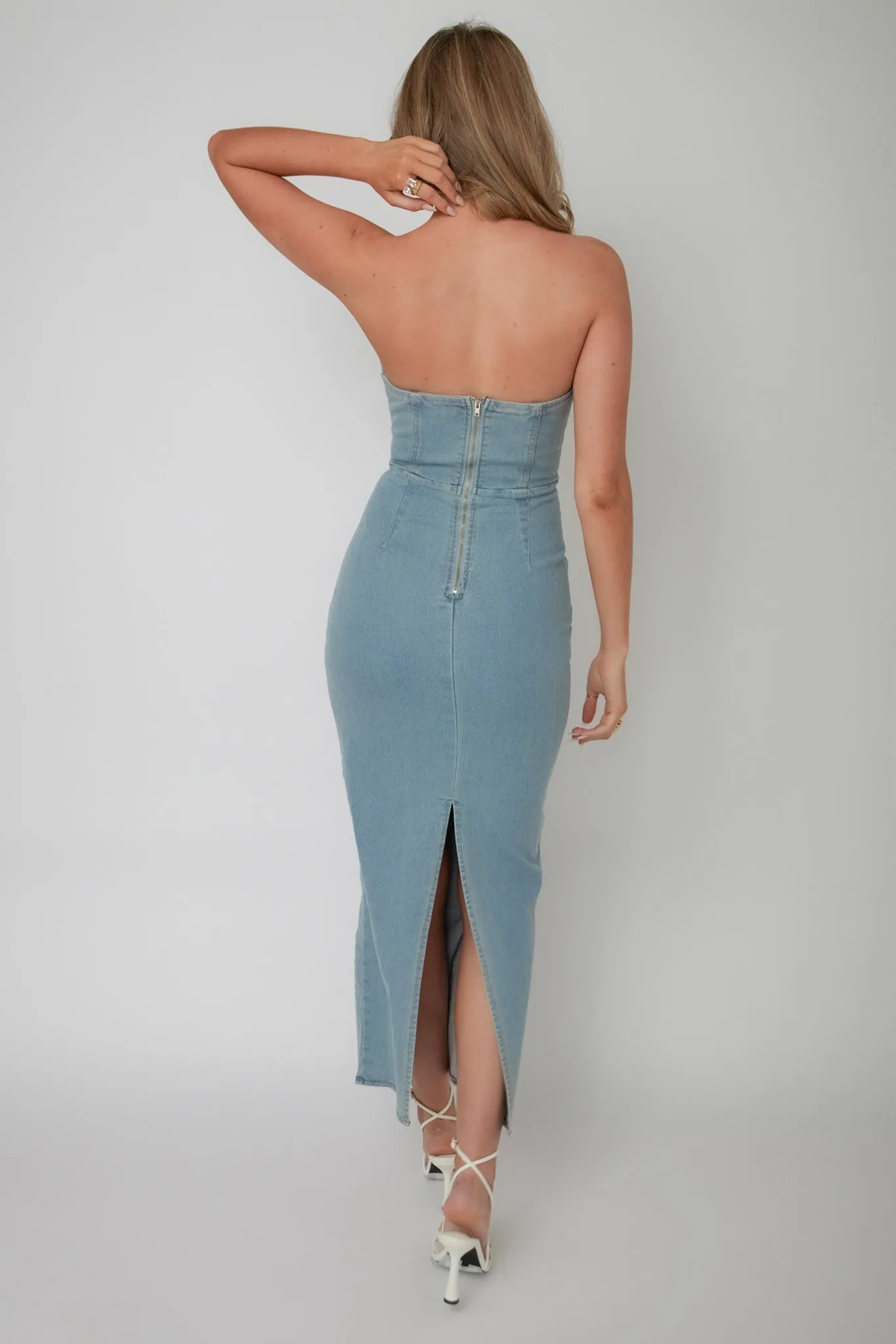 Kialyn Strapless Midi Dress Denim Blue