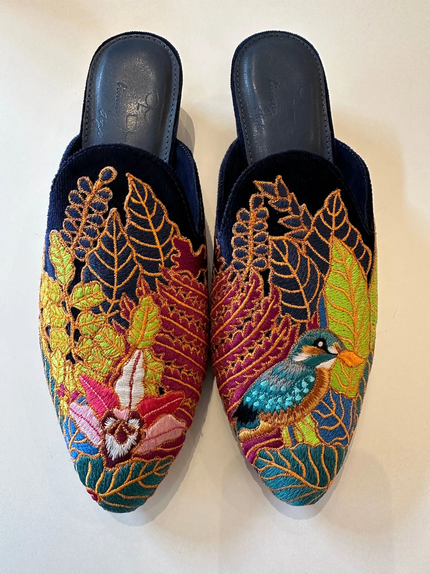 Kingfisher in Orchid Grove -  Embroidered Mules