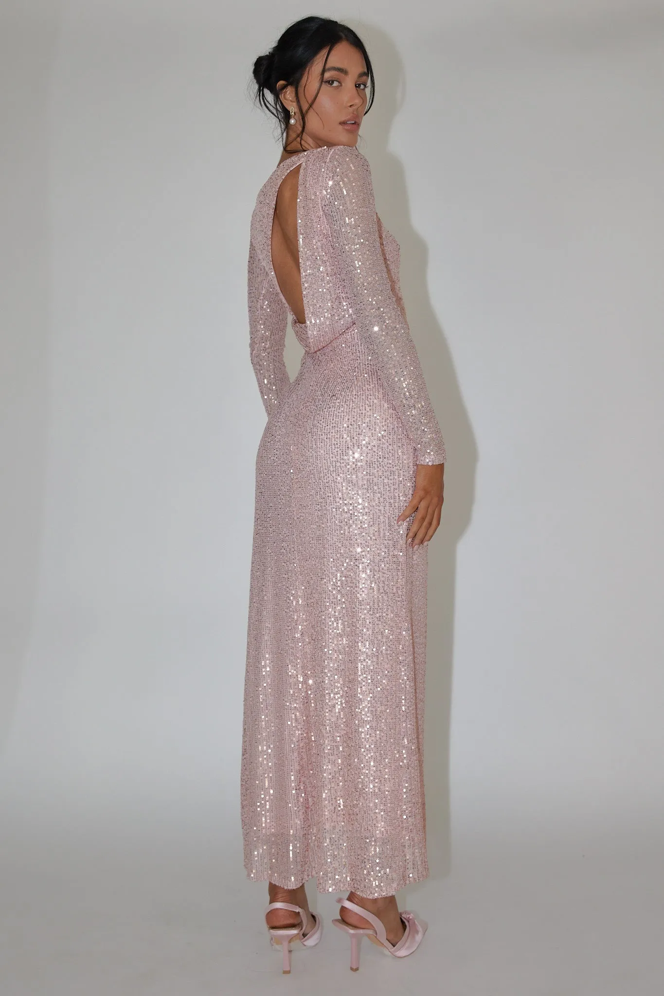 Le Monde Long Sleeve Sequin Maxi Dress Rose Gold