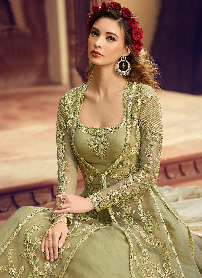 Light Green Multi Embroidered Jacket Style Lehenga