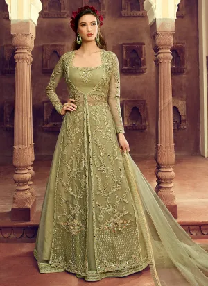 Light Green Multi Embroidered Jacket Style Lehenga