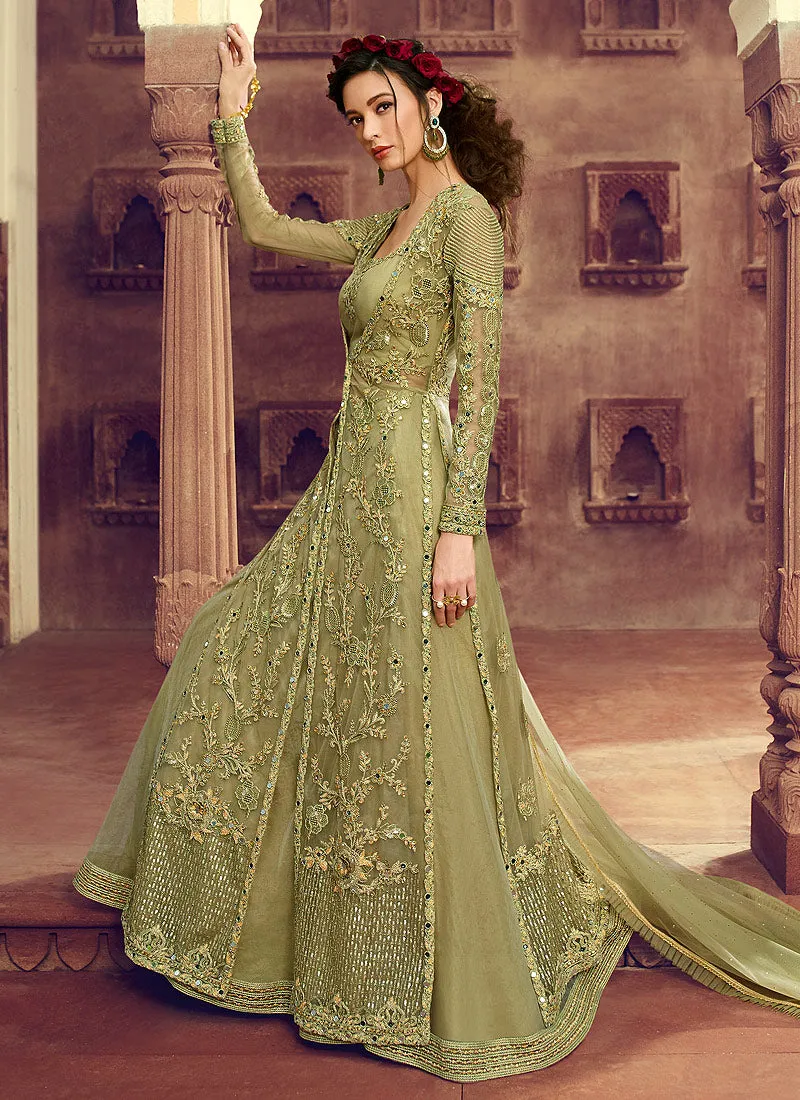 Light Green Multi Embroidered Jacket Style Lehenga