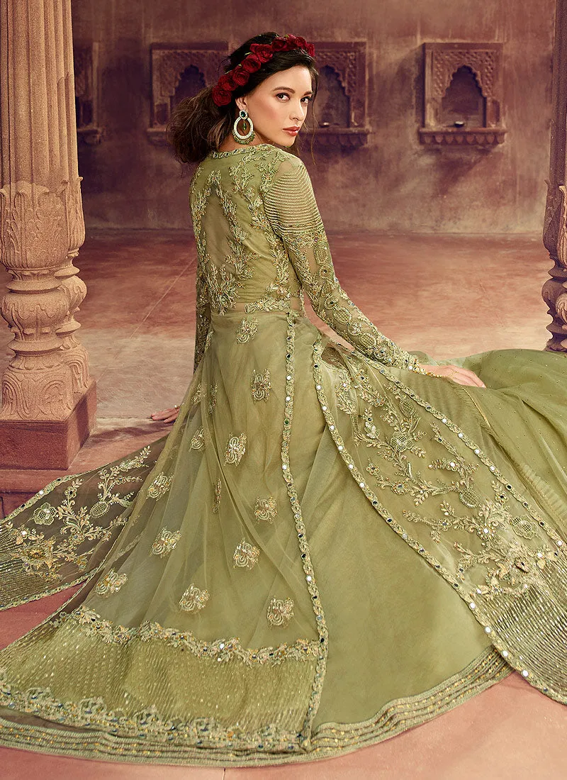 Light Green Multi Embroidered Jacket Style Lehenga