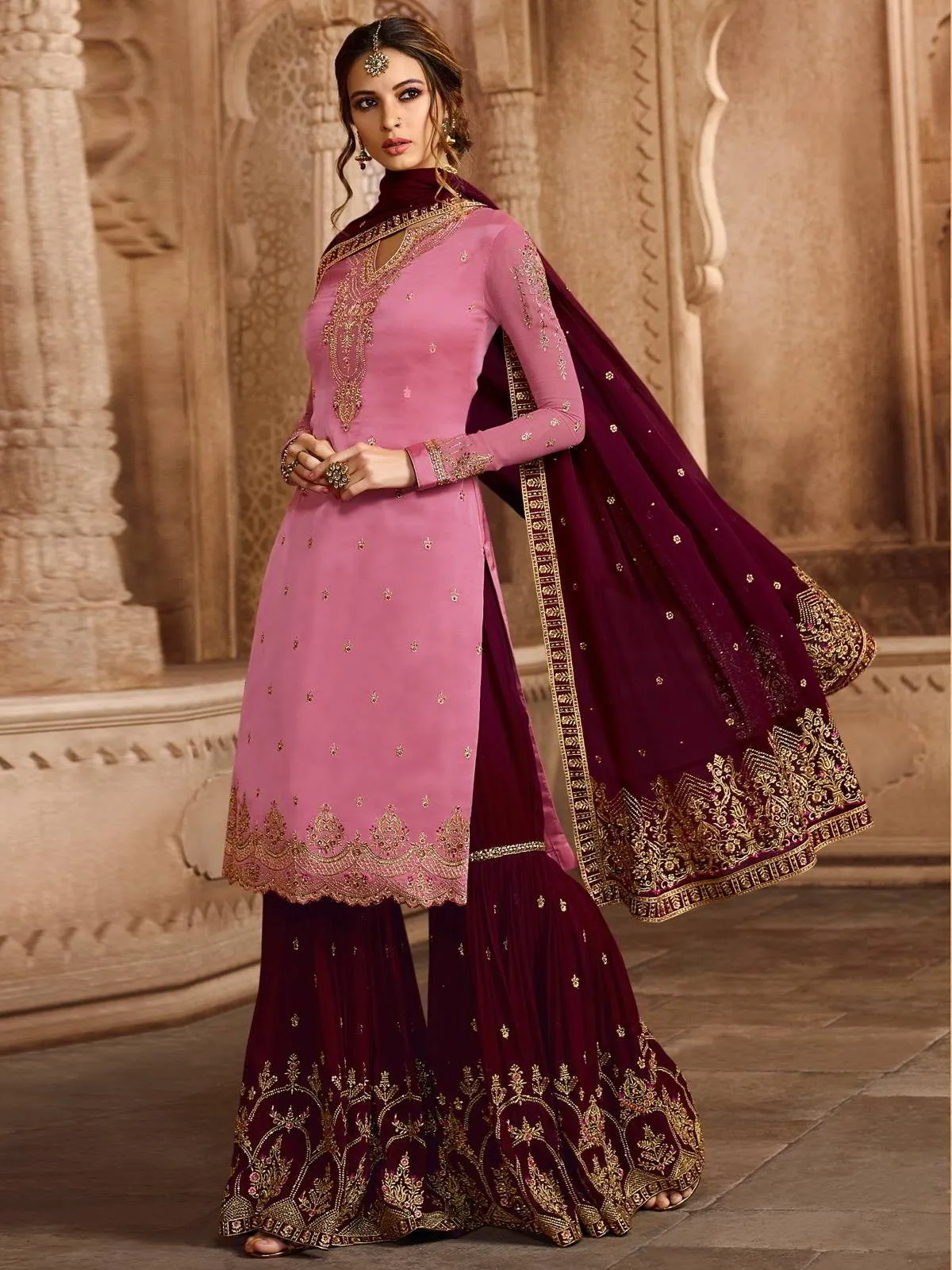 Light Pink And Maroon Embroidered Pakistani Gharara Suit