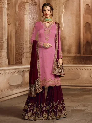 Light Pink And Maroon Embroidered Pakistani Gharara Suit