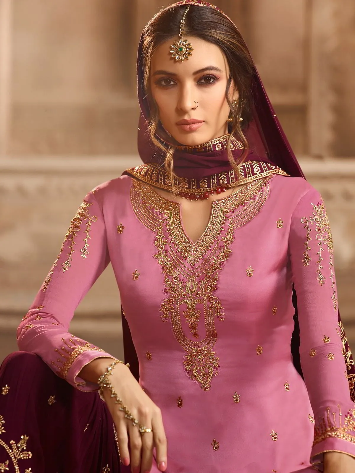 Light Pink And Maroon Embroidered Pakistani Gharara Suit