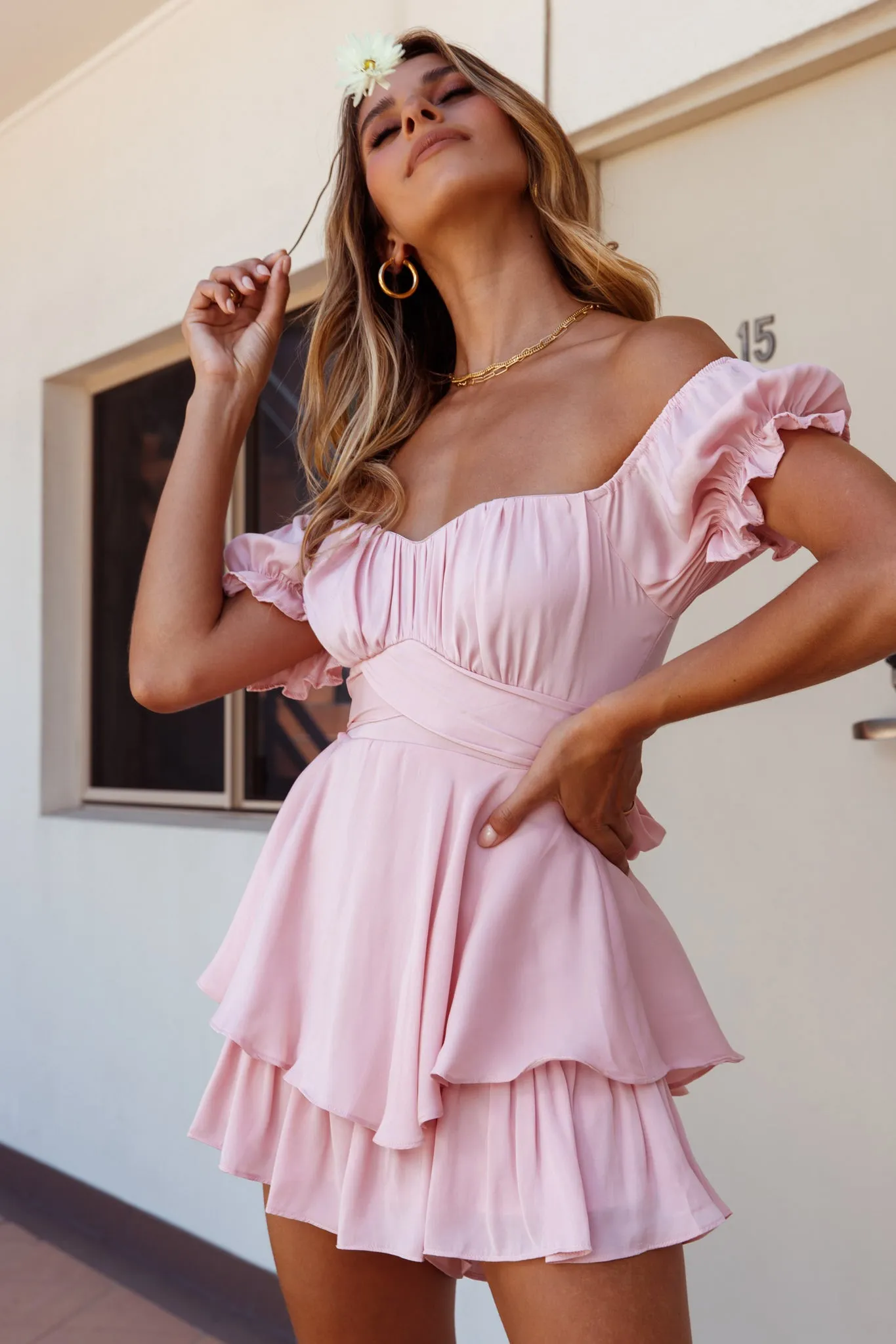 Linka Off-Shoulder Tie Back Romper Blush