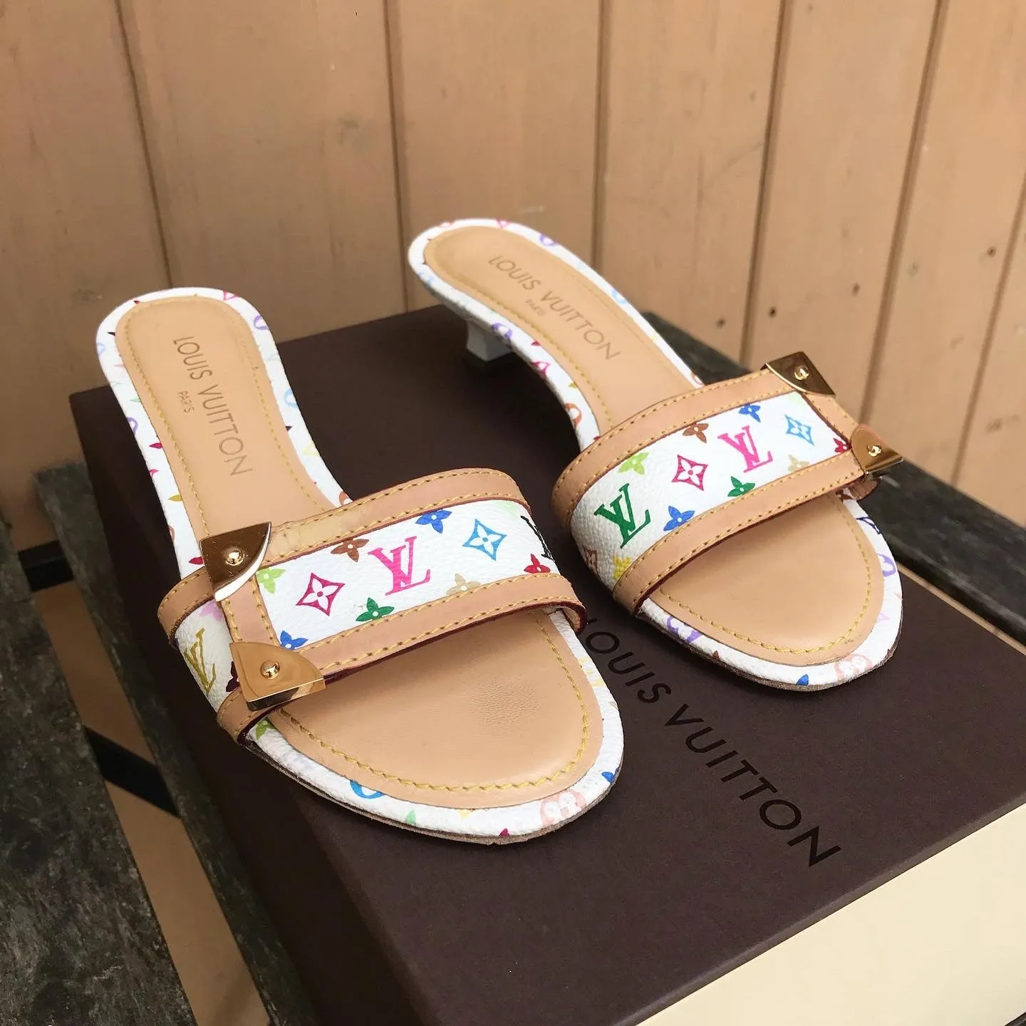 LOUIS VUITTON White Monogram Multicolour Kitten Heel Slide Sandals