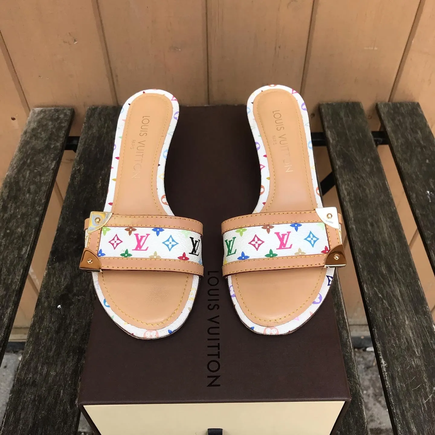 LOUIS VUITTON White Monogram Multicolour Kitten Heel Slide Sandals