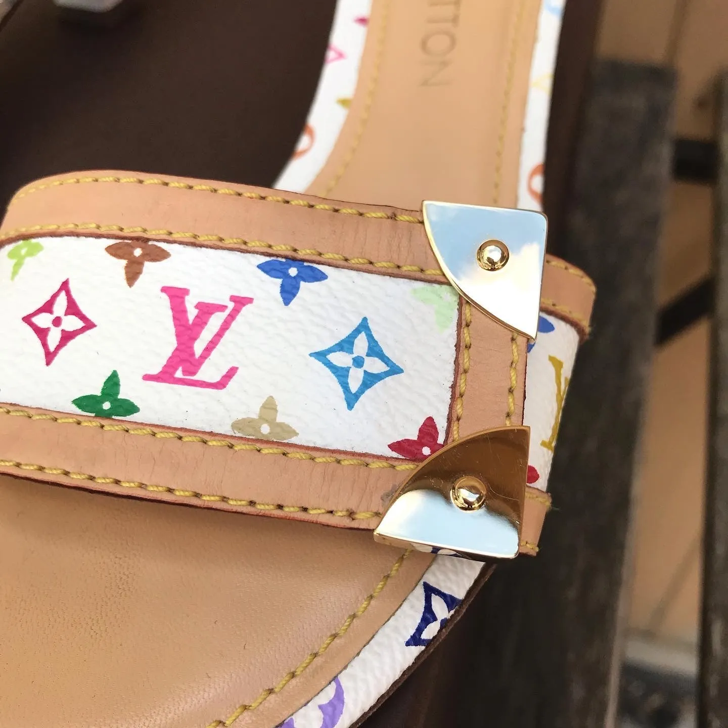 LOUIS VUITTON White Monogram Multicolour Kitten Heel Slide Sandals