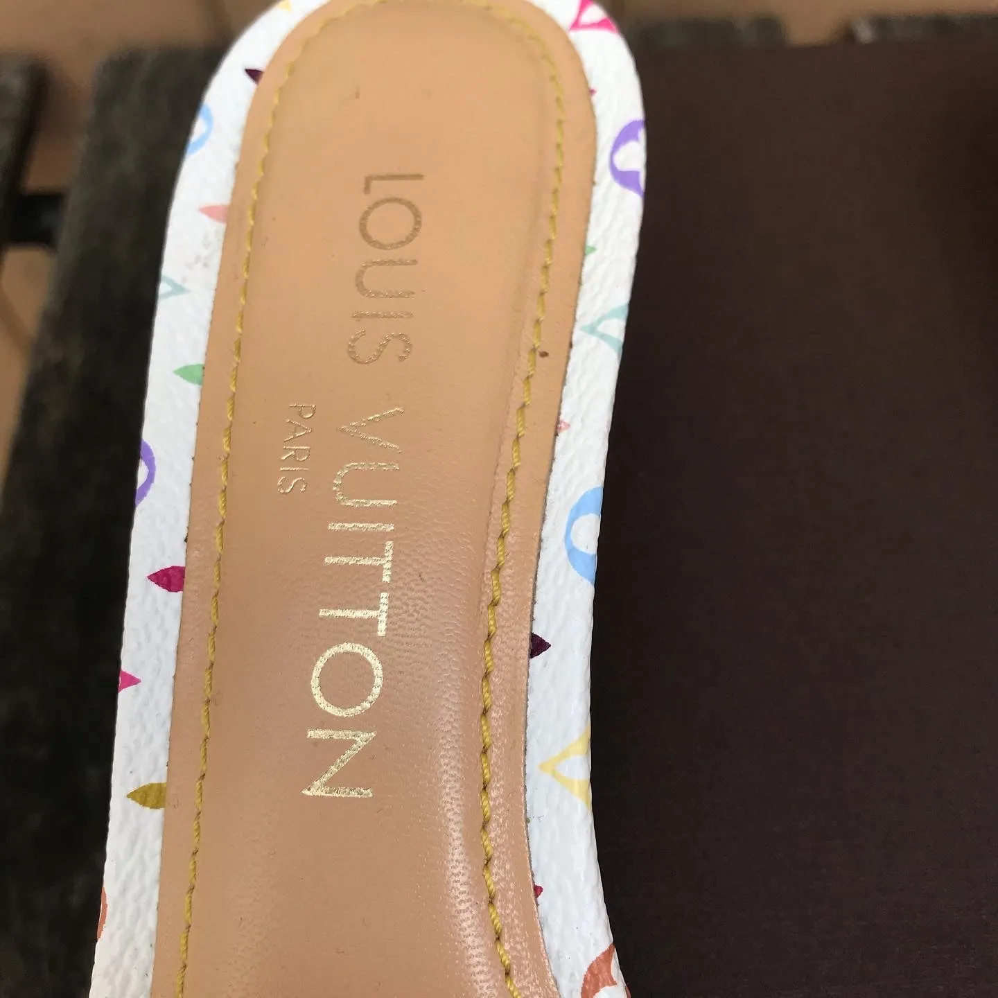 LOUIS VUITTON White Monogram Multicolour Kitten Heel Slide Sandals