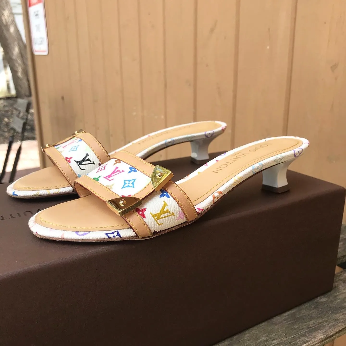 LOUIS VUITTON White Monogram Multicolour Kitten Heel Slide Sandals