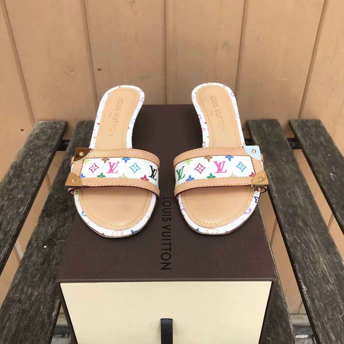 LOUIS VUITTON White Monogram Multicolour Kitten Heel Slide Sandals