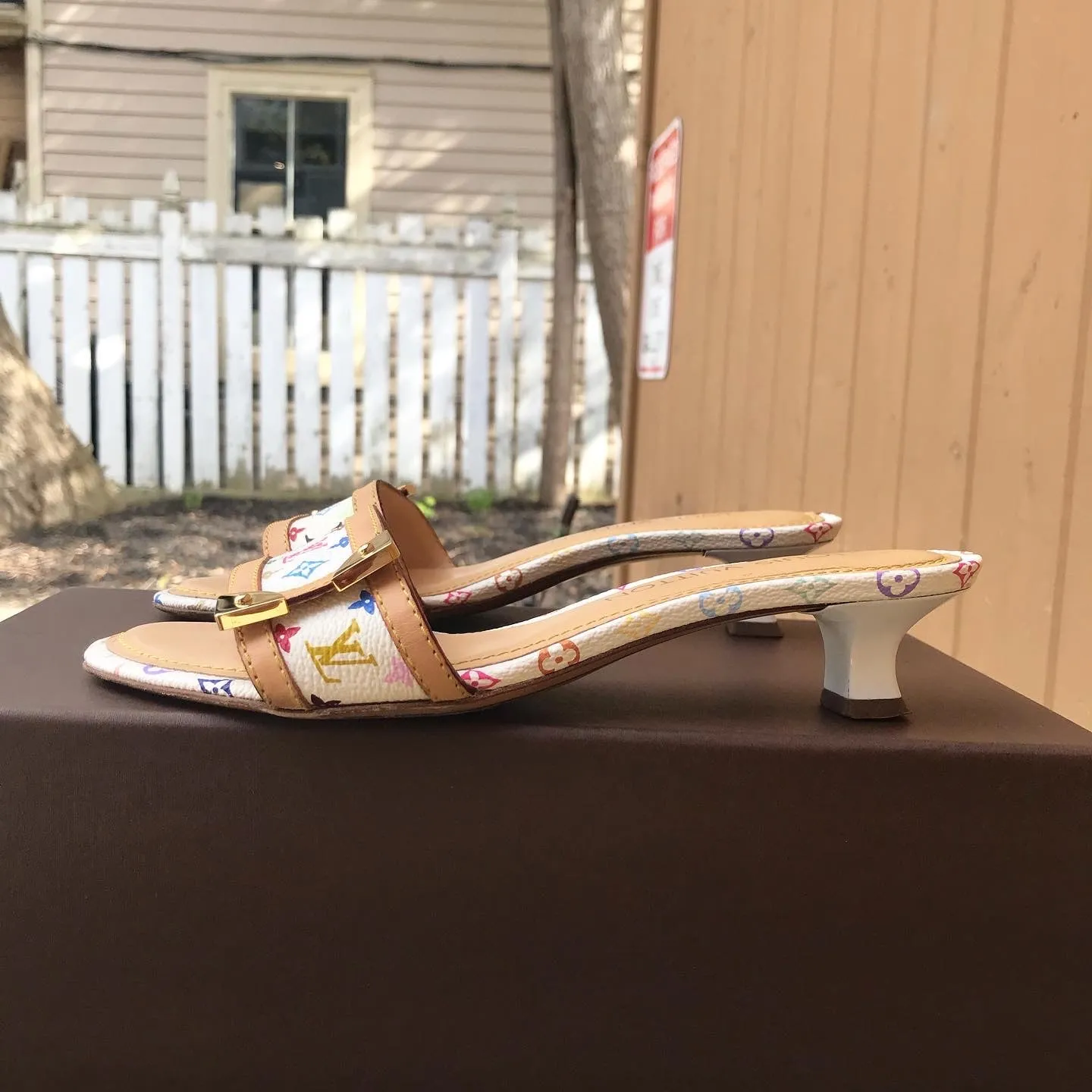 LOUIS VUITTON White Monogram Multicolour Kitten Heel Slide Sandals