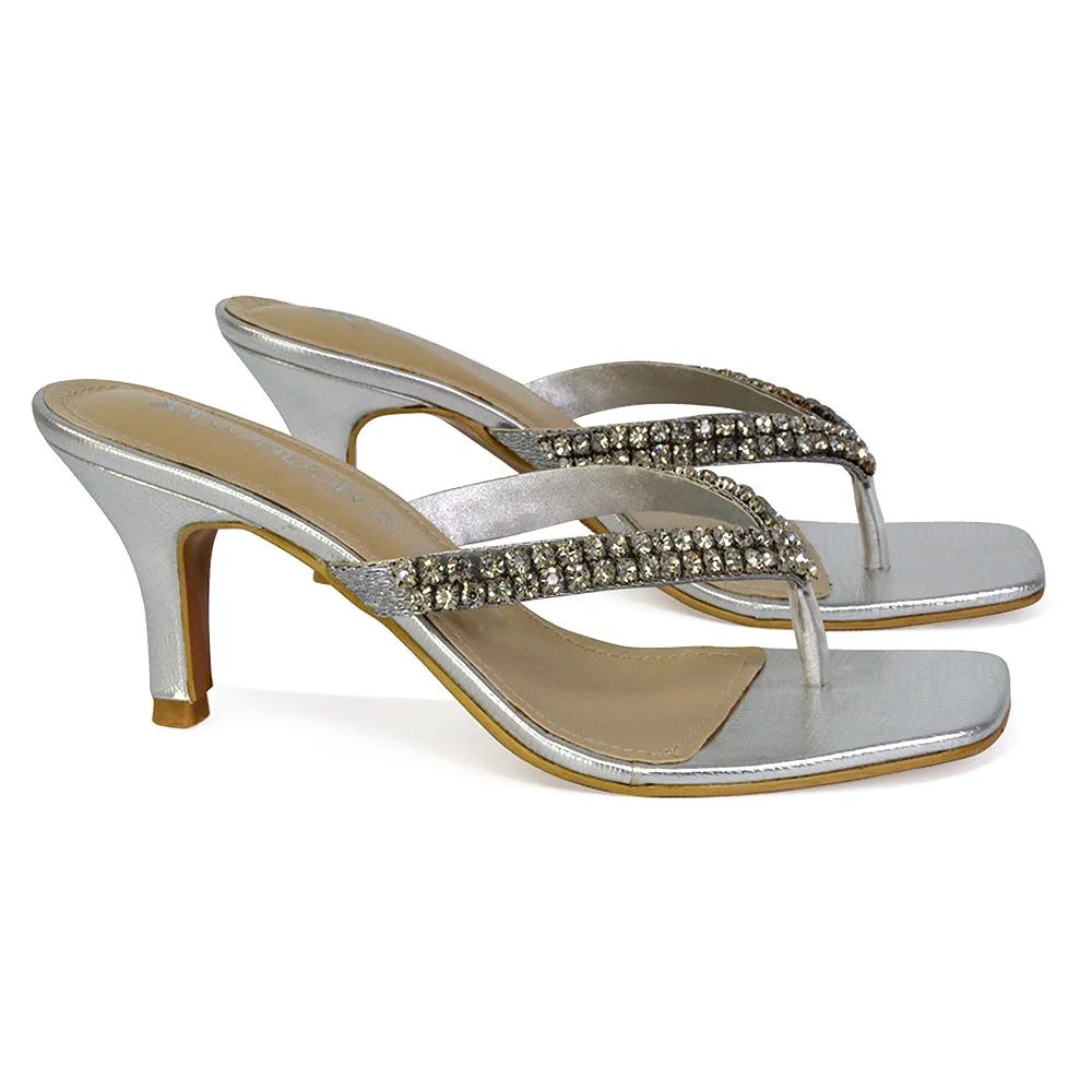 Lynn Square Toe Post Embellished Diamante Strappy Kitten Heel Mule Sandals in Gold