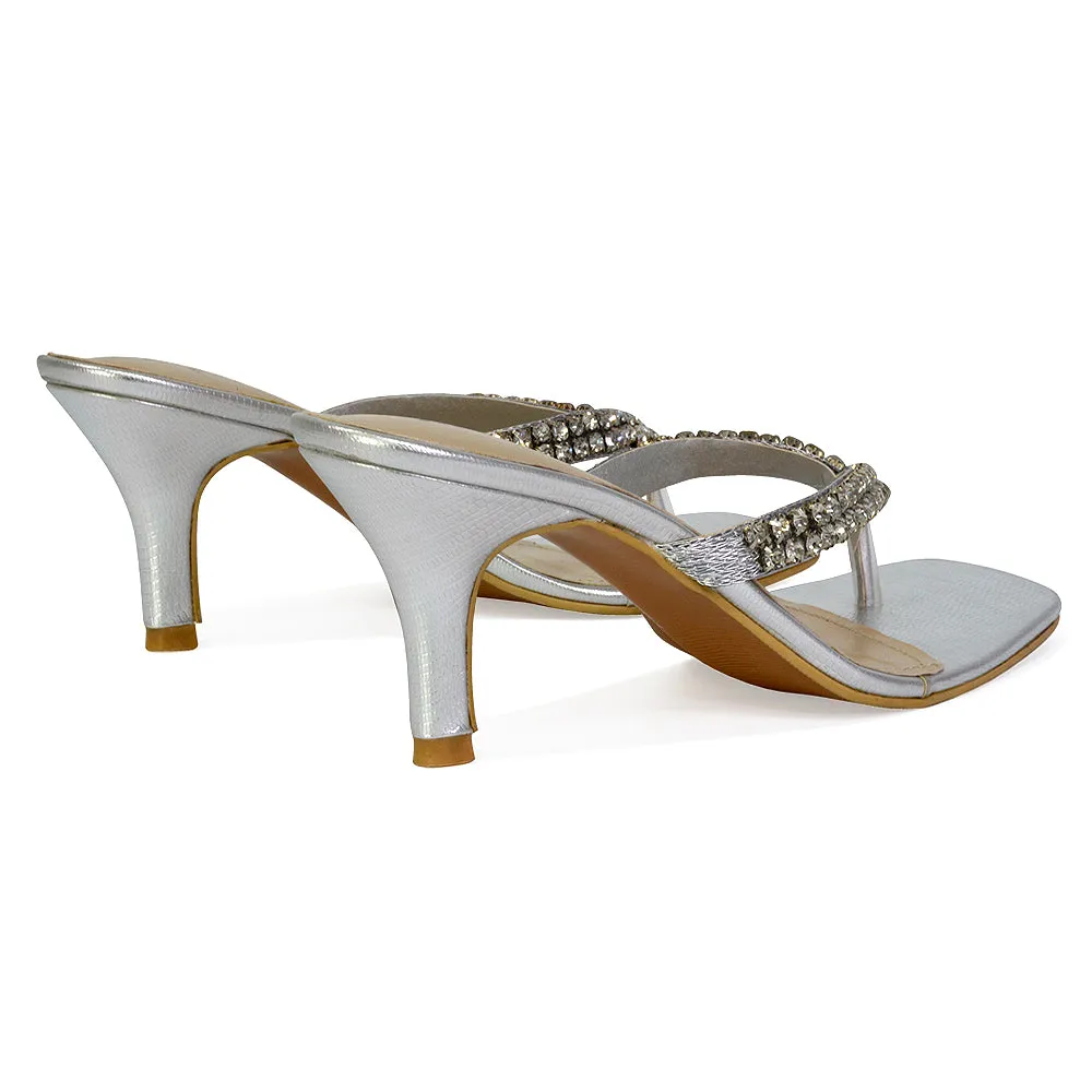 Lynn Square Toe Post Embellished Diamante Strappy Kitten Heel Mule Sandals in Gold