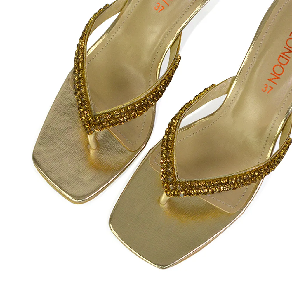 Lynn Square Toe Post Embellished Diamante Strappy Kitten Heel Mule Sandals in Gold